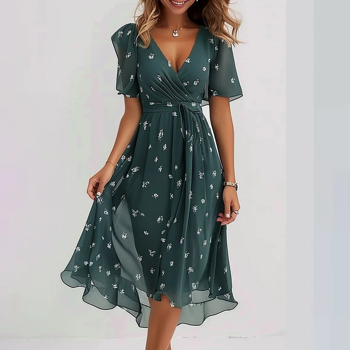 Azurine™ | Elegant Short Sleeve Midi Dress