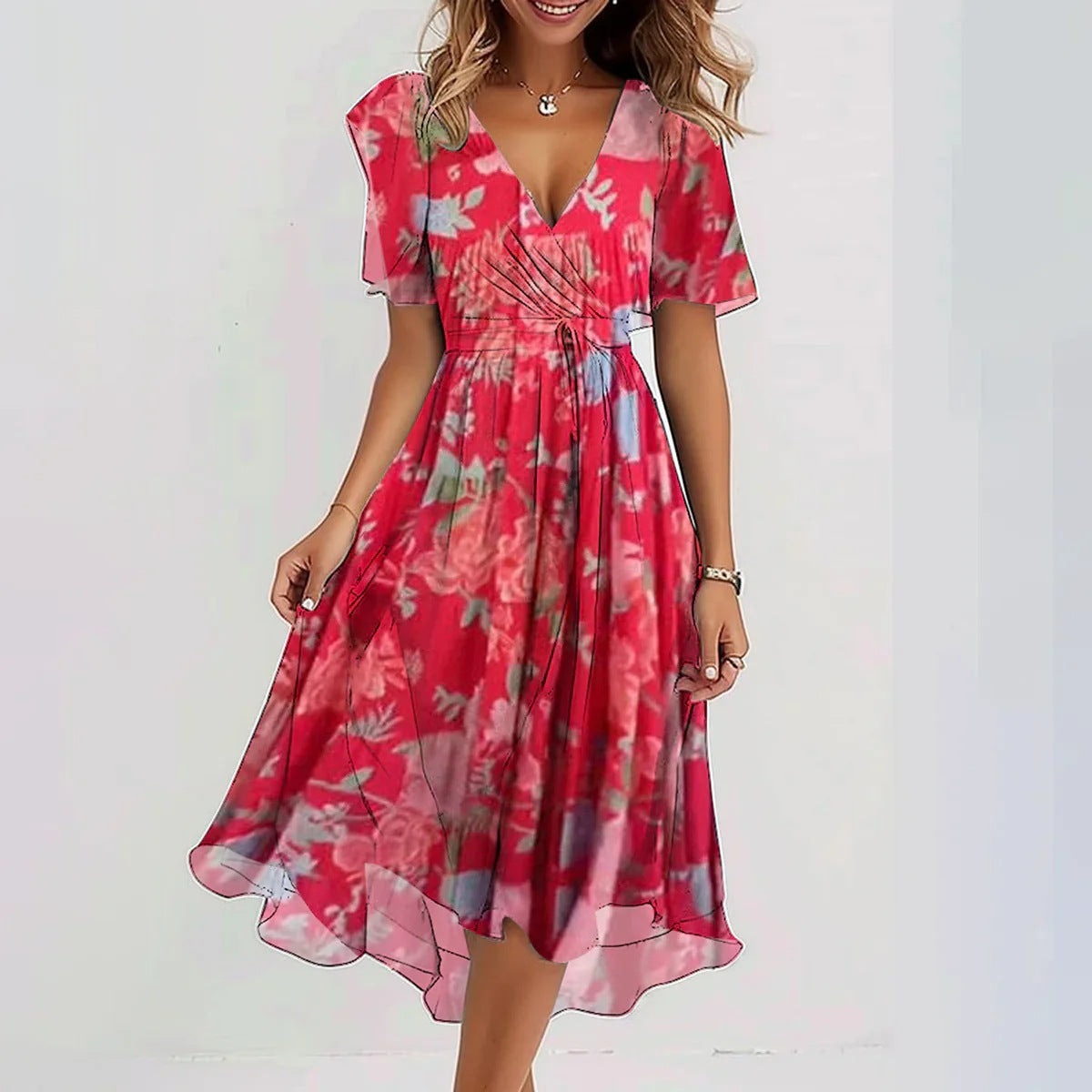 Azurine™ | Elegant Short Sleeve Midi Dress